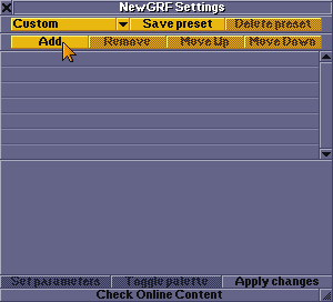 Fenêtre de paramètres NewGRF (Ajouter)