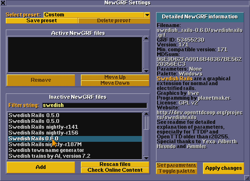 NewGRF settings window (small)