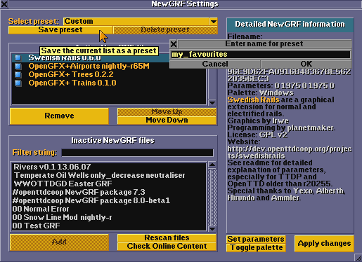 Saving a NewGRF preset