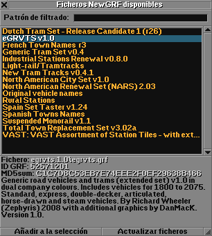 Pulse ''Añadir en la selección'' en la ventana de ''Ficheros NewGRF disponibles''