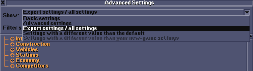 Changing the complexity (amount) of displayed settings